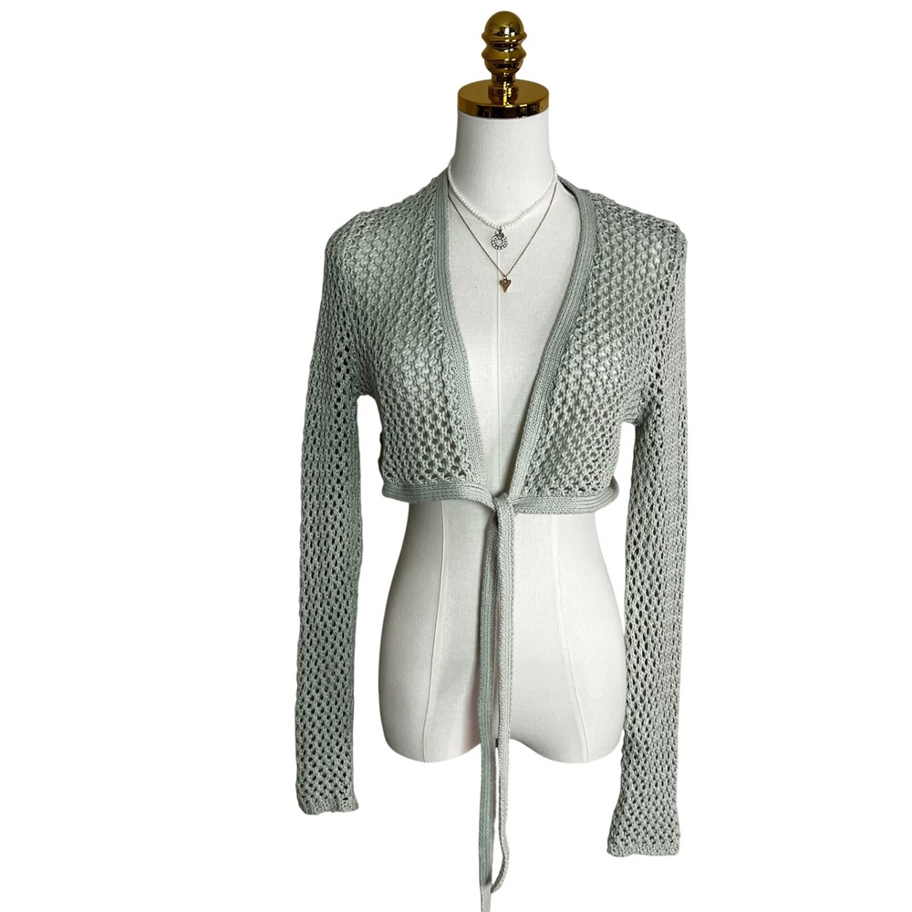 Cotton Emporium Mint Green Open Knit Cropped Tie Front Cardigan Shrug Small NEW